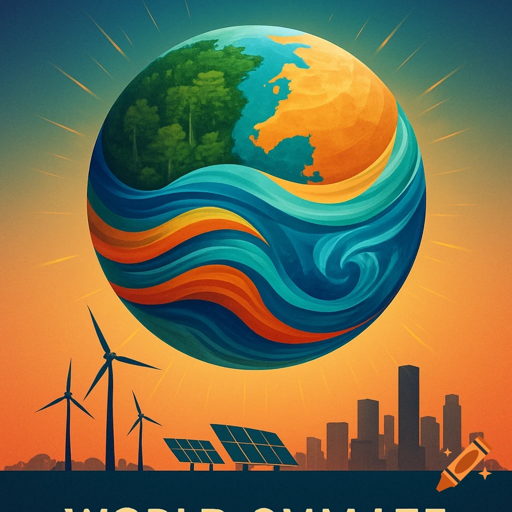 Stylized poster of Earth over wind turbines, solar panels, and a city skyline, with 'WORLD CLIMATE' text.