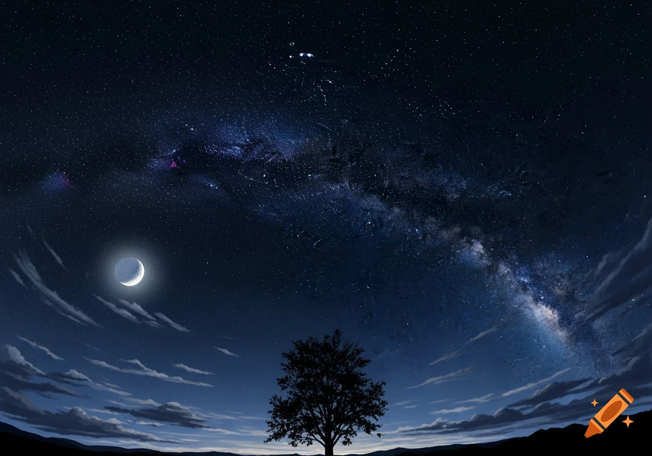 A wide shot of a dark night sky filled with countless stars and the Milky Way, with a bright crescent moon on the left and a silhouetted tree on the horizon.