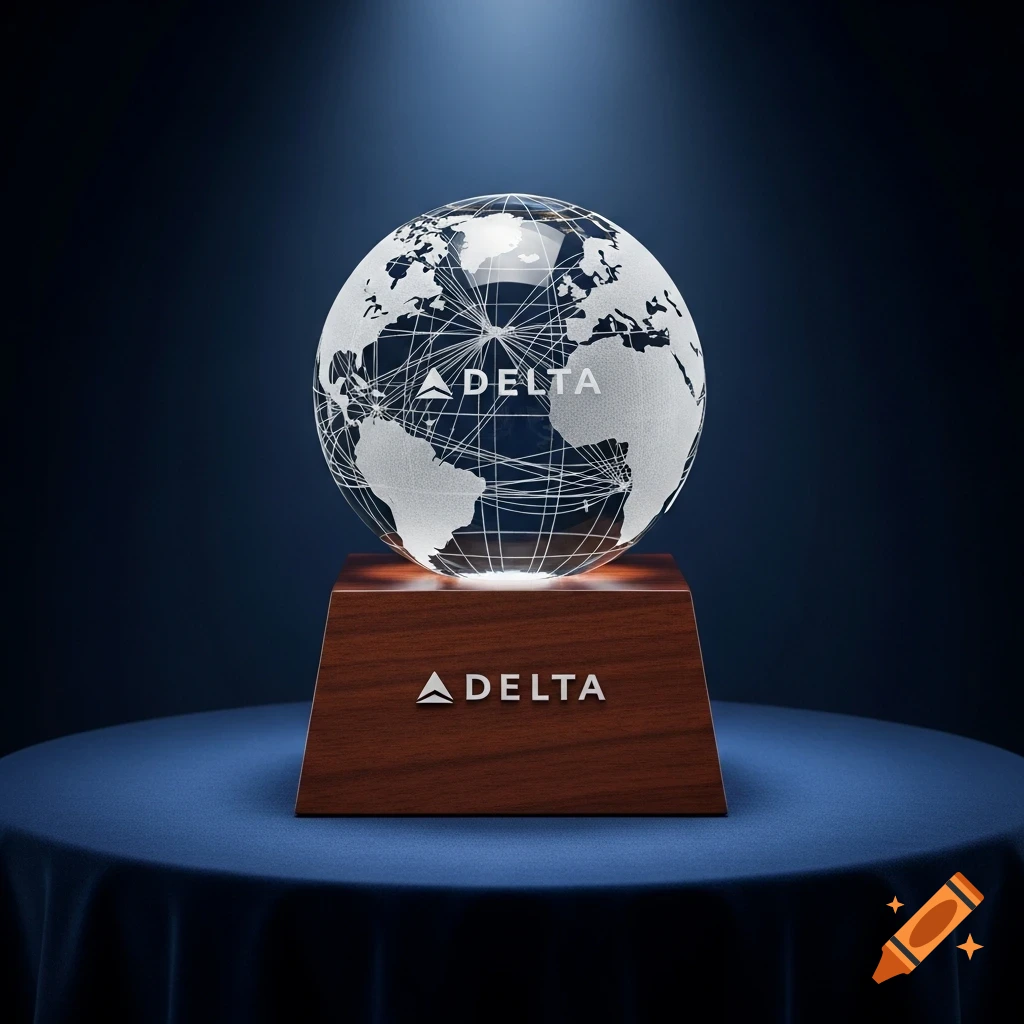 Glass globe award with etched world map and 'DELTA' logo on a wooden base, displayed on a blue tablecloth.