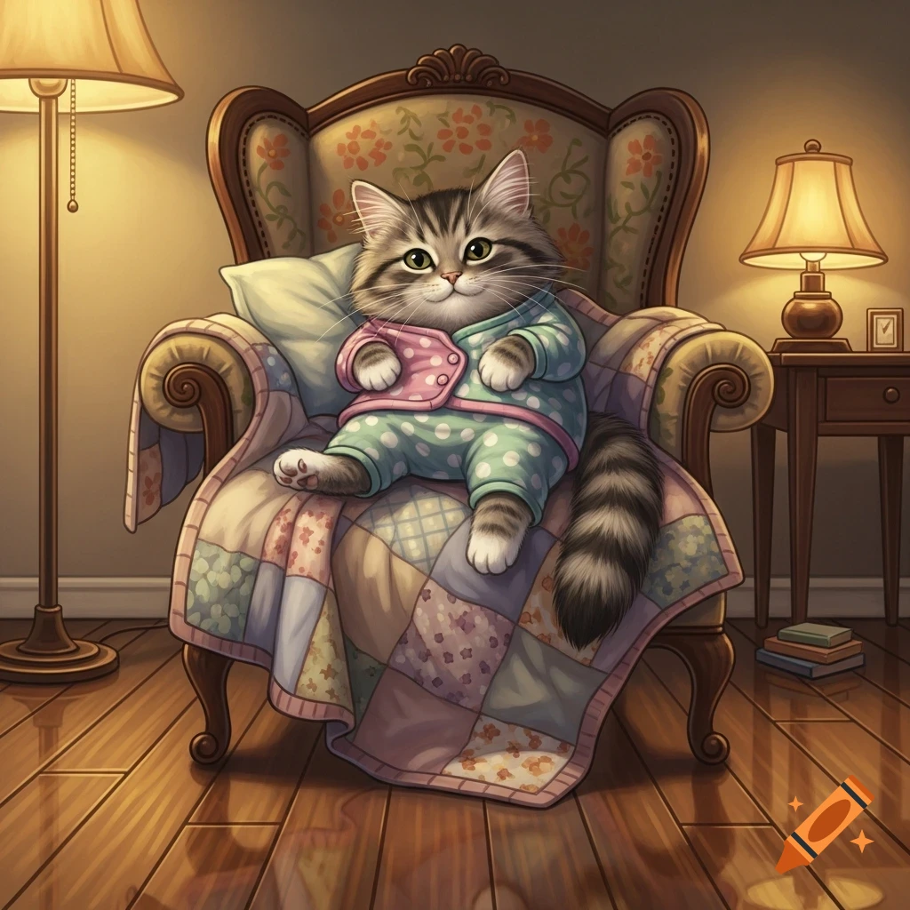 A cute tabby cat wearing green and pink polka dot pajamas sits cozily on a patchwork quilt-covered armchair in a warmly lit room.