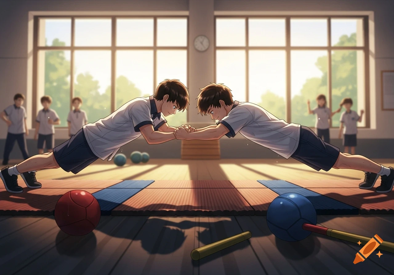 Two anime-style students in a gym class hold hands and lean against each other in a plank position, exercising with other students in the background.