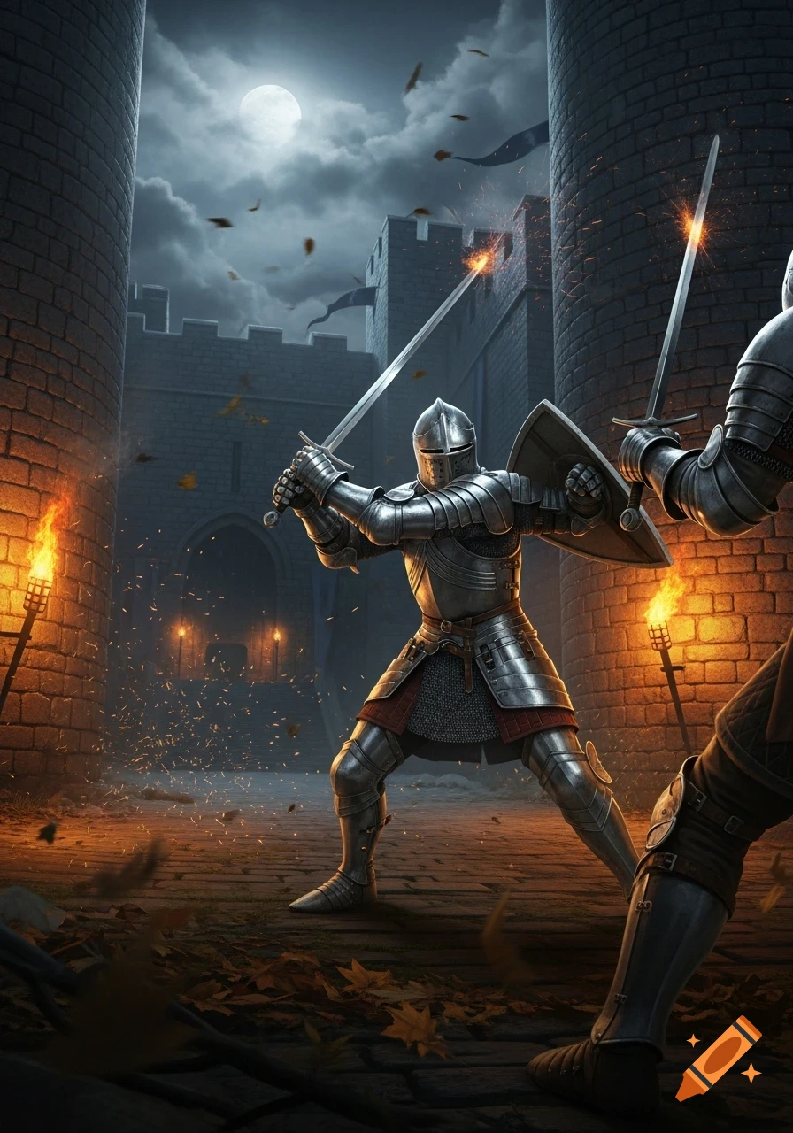 Two armored knights sword fighting in a dark castle courtyard under a full moon, with sparks flying and torches lit.