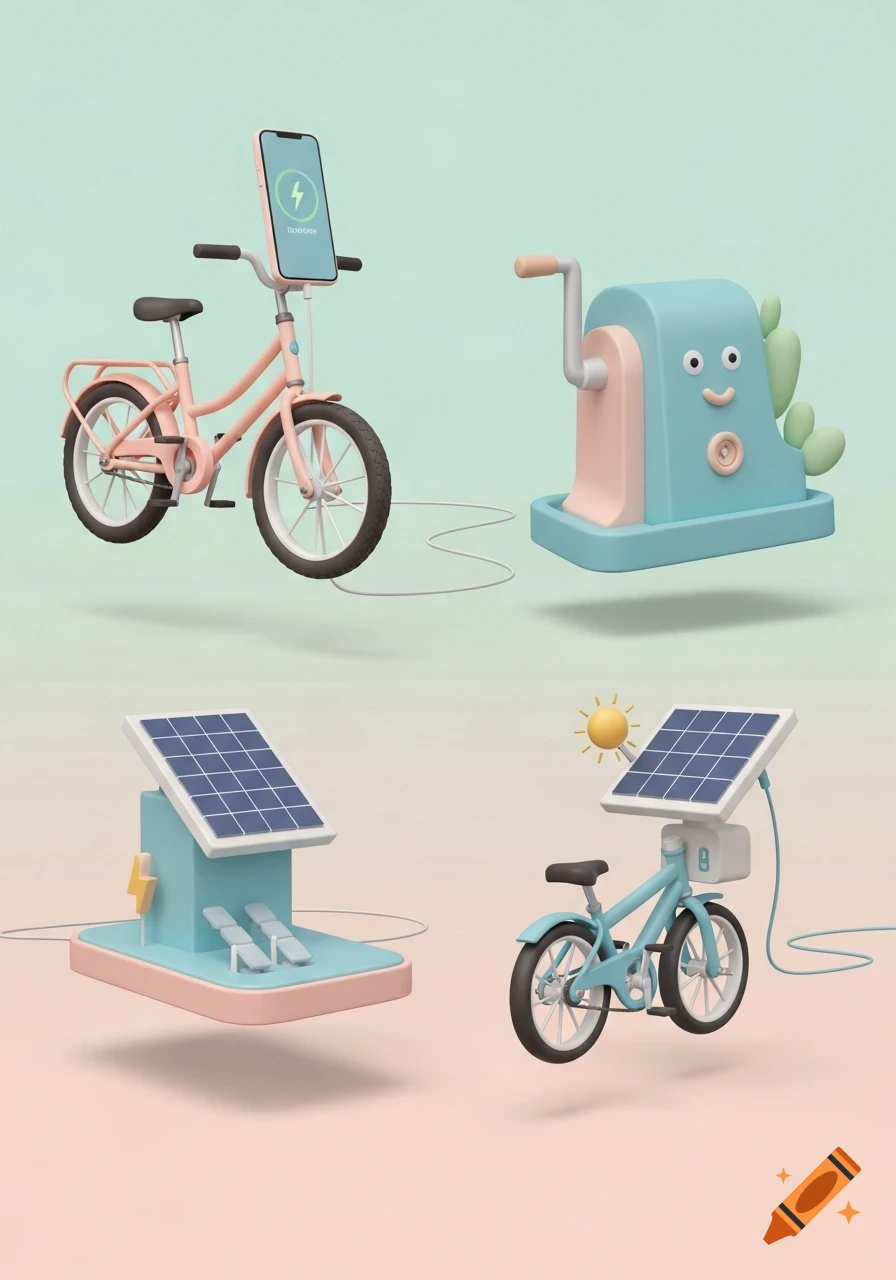 Four separate, cute 3D pastel illustrations of eco-friendly charging stations: a pedal-powered bike, a hand-crank dynamo, a solar panel, and a hybrid solar-bike charger.