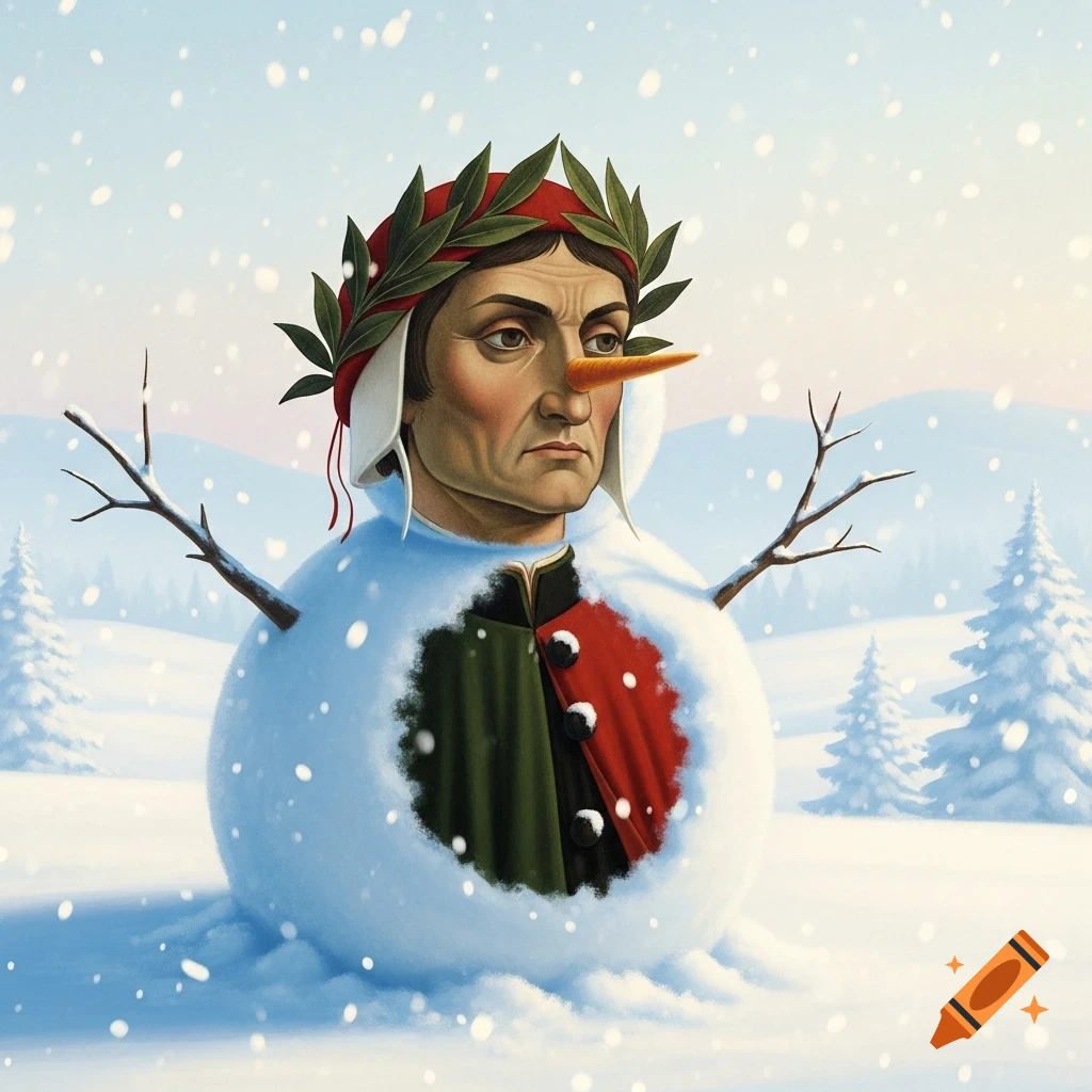 A snowman with Dante Alighieri's face, a laurel wreath, carrot nose, and stick arms, set in a snowy landscape with falling snow.