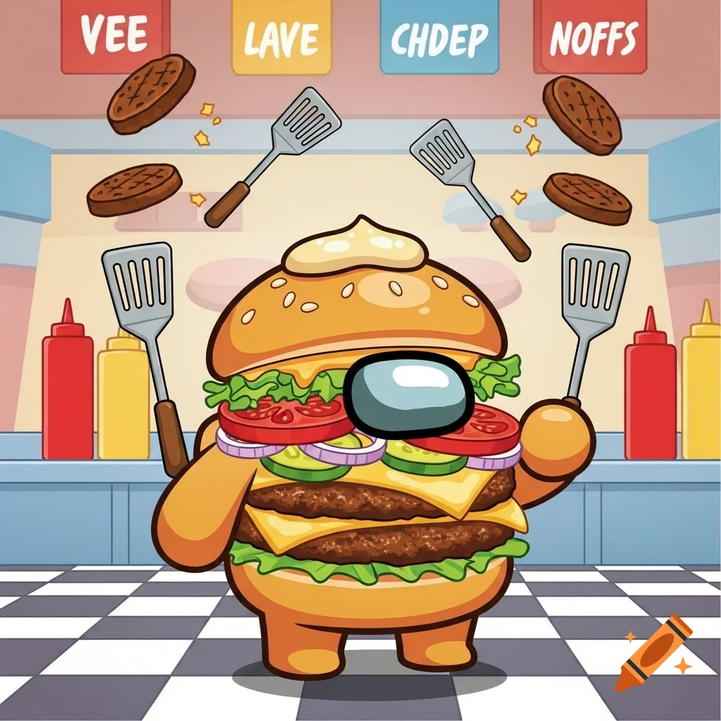 Cartoon Among Us character as a double cheeseburger holding spatulas in a diner with floating patties.