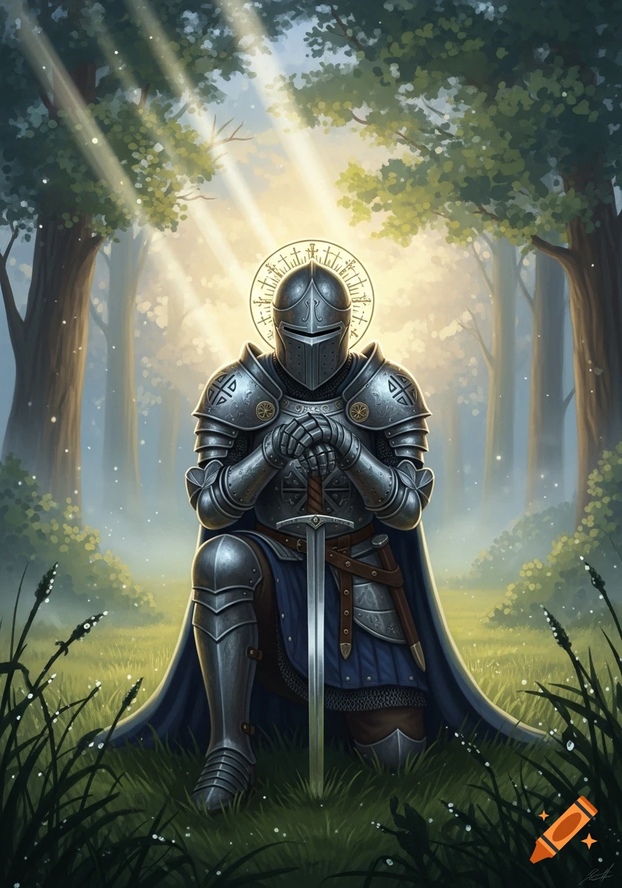 A knight in shining armor kneels with a sword in a sunlit forest, surrounded by tall grass.