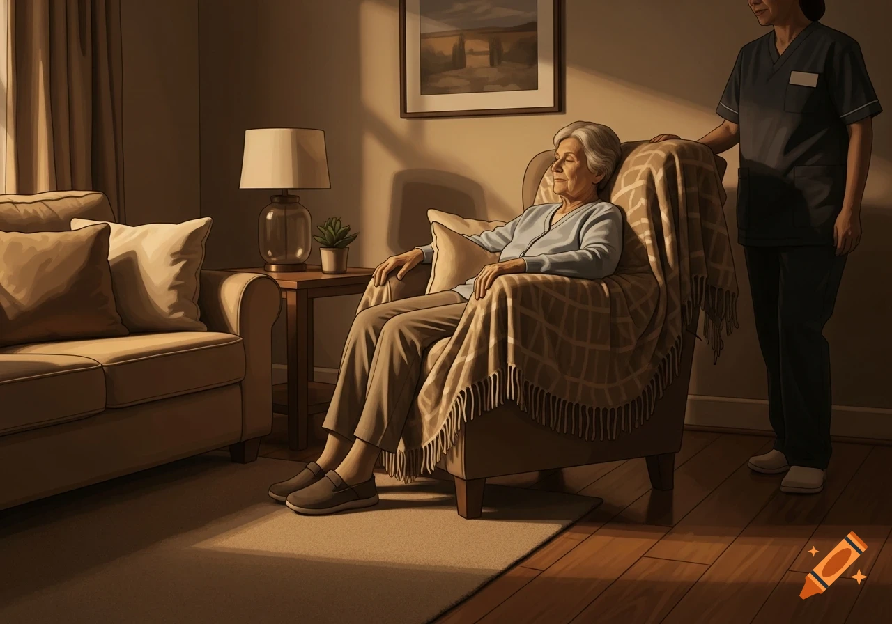 Soft realistic illustration of an elderly woman sleeping in a cushioned chair, attended by a caregiver in a warm room.