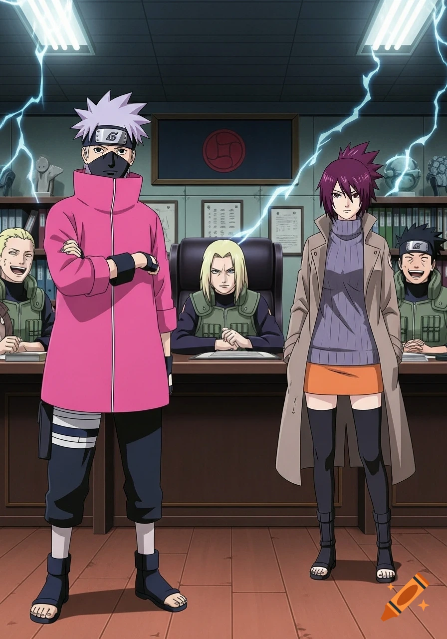 Anime characters Kakashi in a pink uniform and Anko in a trench coat stand in an office with Tsunade and others sitting behind a desk.