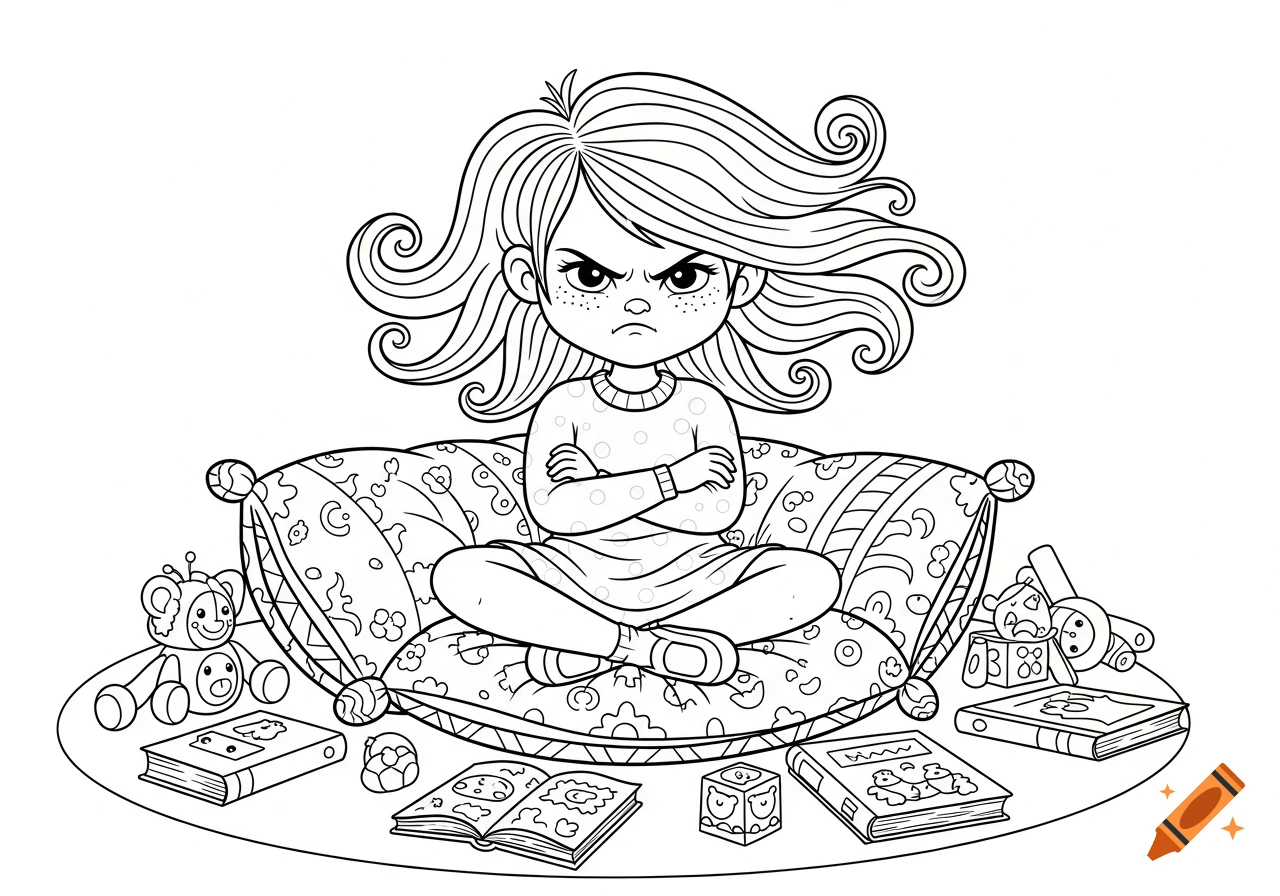 Black and white line drawing of an angry girl with wavy hair, arms crossed, sitting on a patterned pillow surrounded by toys and books.