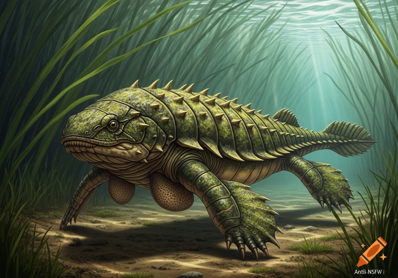 A detailed, realistic illustration of a fictional green and brown shelled aquatic creature with spikes and four sturdy legs, in shallow water with tall green plants and sunlight.
