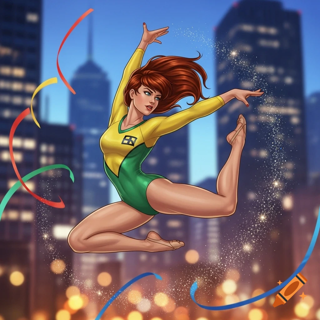 A red-haired gymnast in a green and yellow leotard leaps in the air against a blurry city skyline with sparkling effects and ribbons, comic art style.