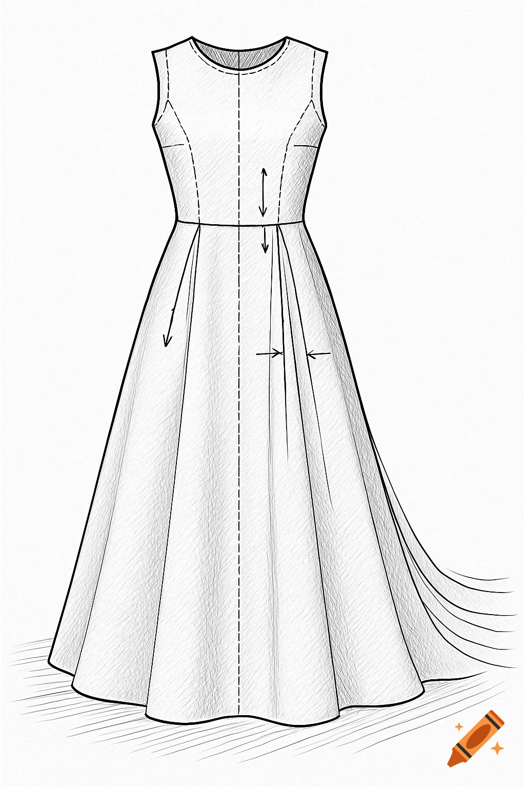 Technical line drawing of a sleeveless dress with a flowing skirt, featuring darts, pleats, and measurement arrows.