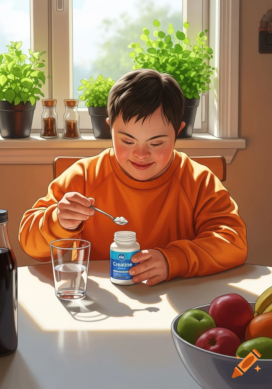 A smiling child with Down syndrome holds a spoon with white powder over a creatine bottle, with a glass of water and fruit nearby.