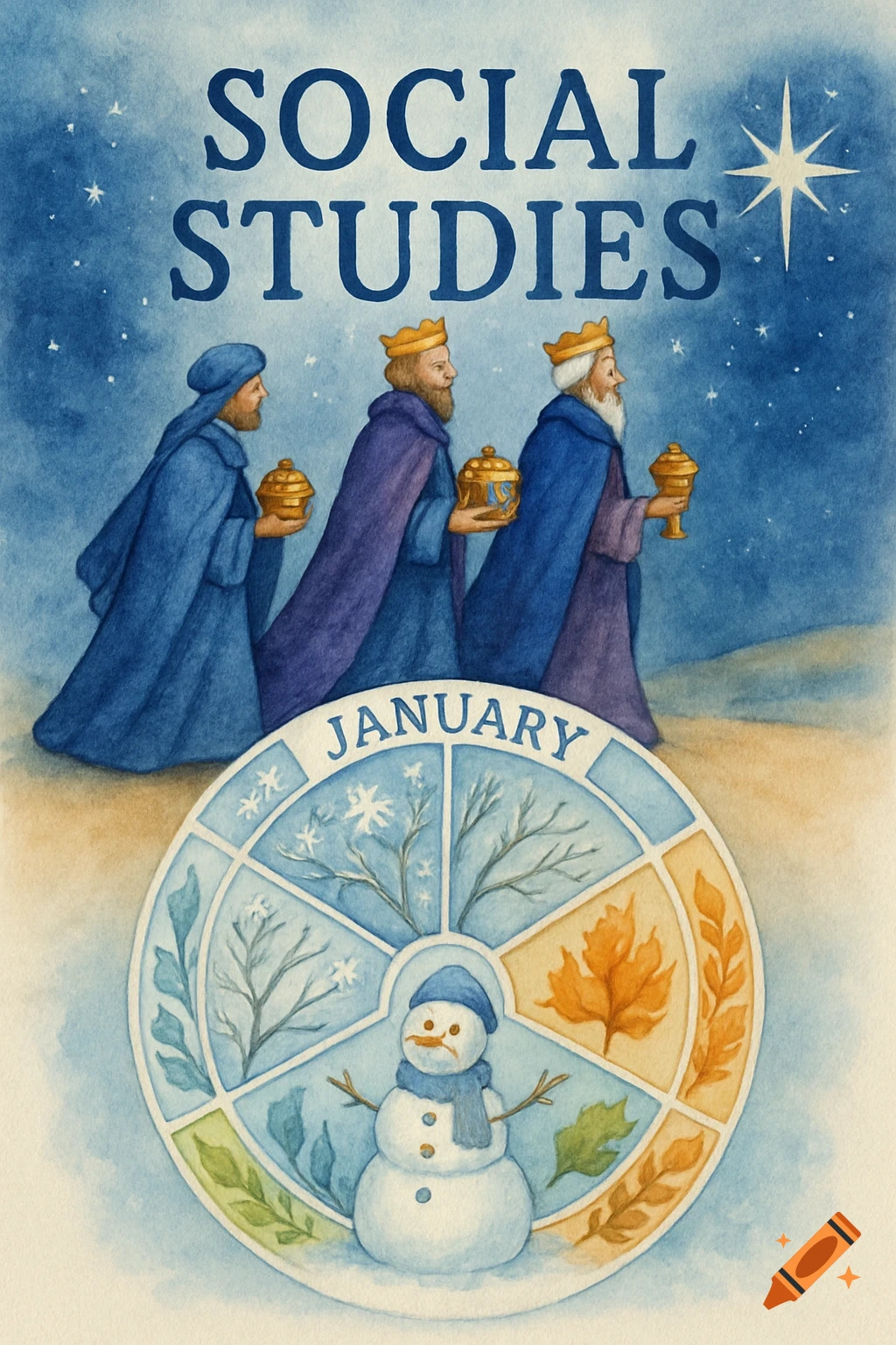 Watercolor illustration for Social Studies with Three Wise Men, a starry sky, and a seasonal wheel featuring January and a snowman.
