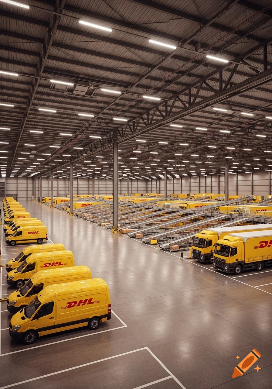 A high-angle view of a large, brightly lit DHL warehouse filled with rows of yellow delivery vans, trucks, and conveyor belts.