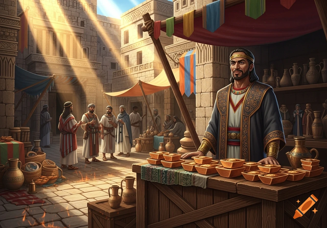 An illustration of an ancient Mesopotamian market with a merchant at a stall and other people in a sunlit square.