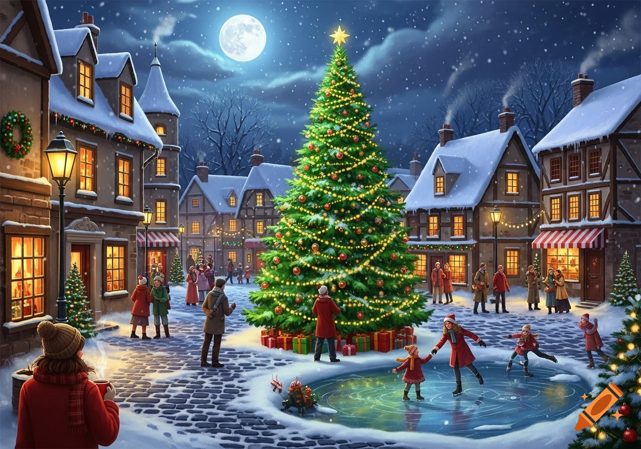 A festive winter town square at night with a large decorated Christmas tree, people ice skating, and snow falling.