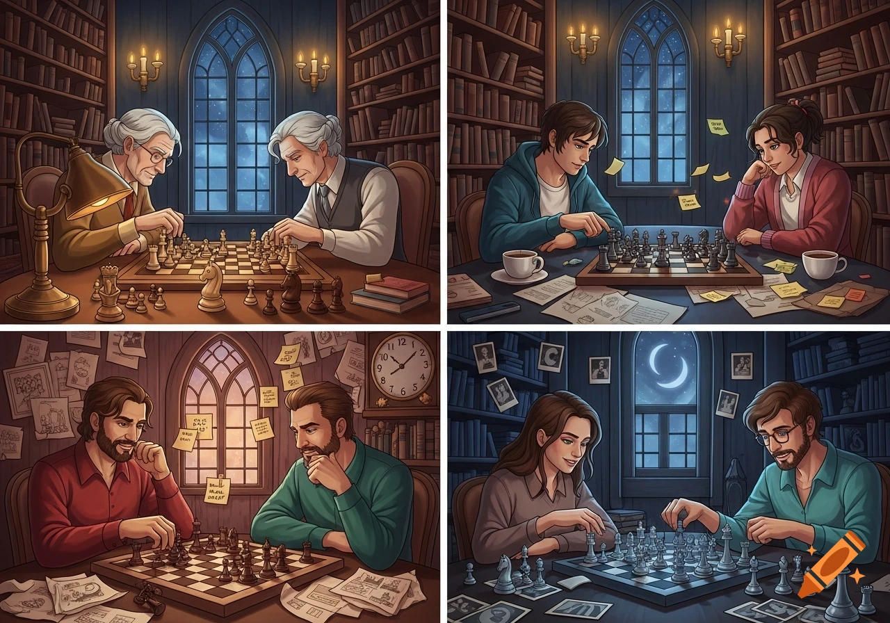 A 2x2 grid showing four different pairs of people playing chess in cozy, dimly lit library rooms with large arched windows.