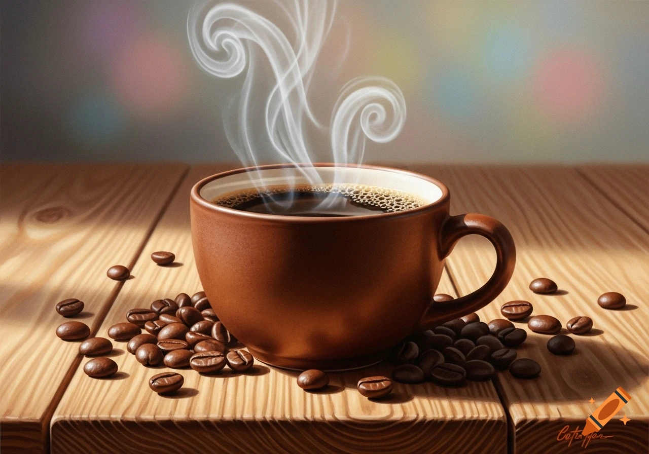 A steaming brown coffee mug filled with hot coffee, surrounded by scattered roasted coffee beans on a light wooden table, photorealistic.