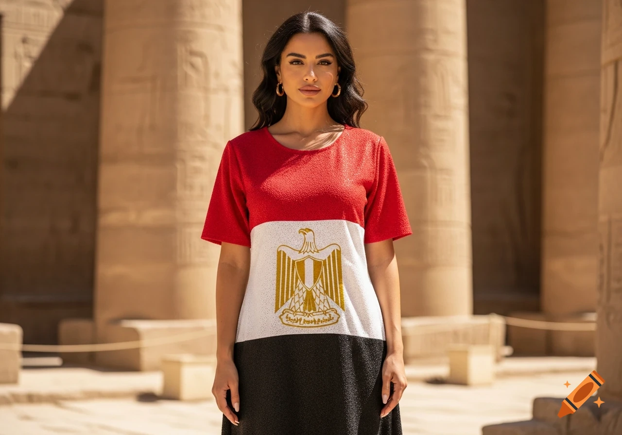 A woman wearing a red, white, and black dress with an Egyptian flag motif, standing in front of ancient Egyptian columns.