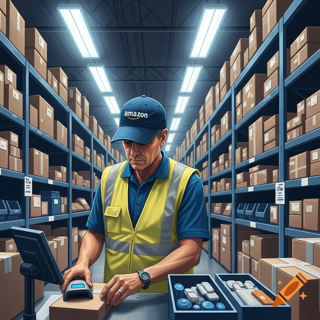 An Amazon worker in a blue cap and yellow vest scans a package in a large warehouse filled with shelves of boxes.
