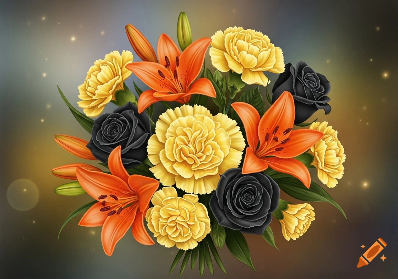 A vibrant bouquet of yellow carnation flowers with orange lilies and black roses against a soft, glowing background.