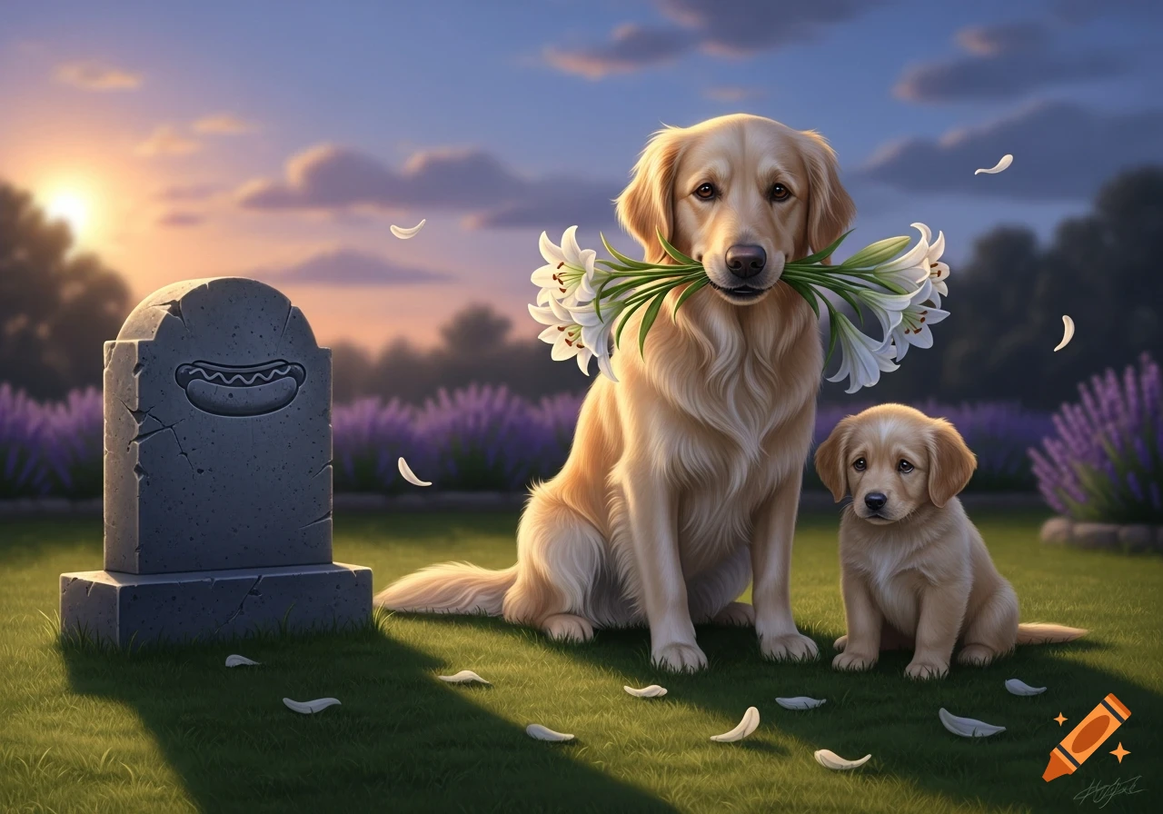A golden retriever with lilies and a puppy sit sadly by a tombstone with a hot dog drawing at sunset in a lavender field.