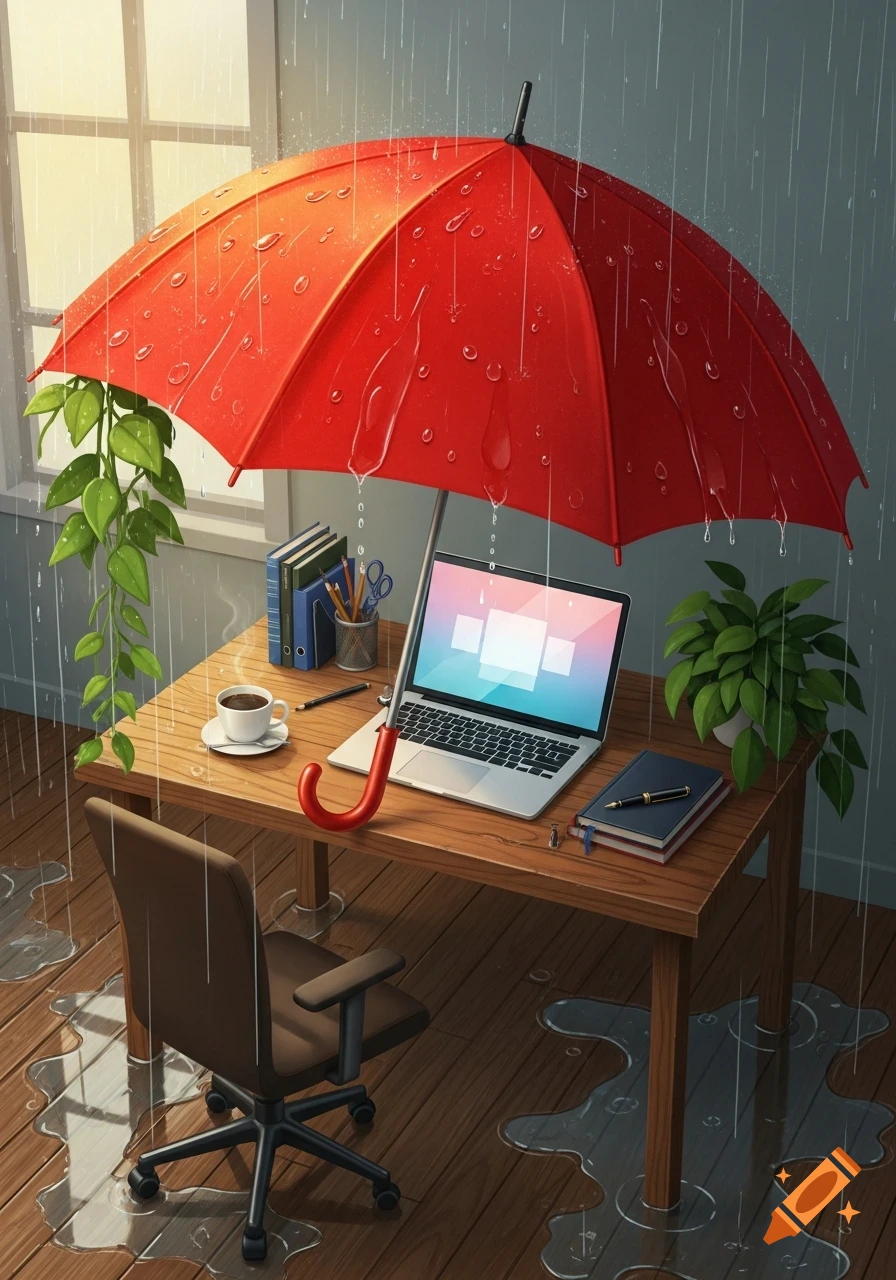 Stylized illustration of an office desk with a laptop protected from indoor rain by a large red umbrella.