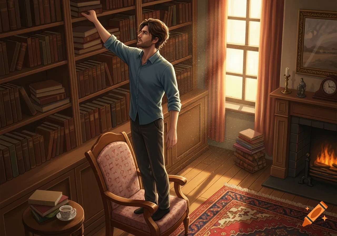 A man stands on a chair, reaching for a book on a tall wooden bookshelf in a cozy, sunlit library with a fireplace.