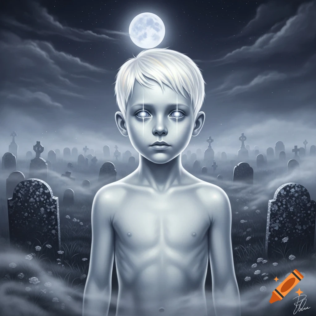 Pale, white-haired ghost boy with glowing eyes in a foggy graveyard under a full moon, dark fantasy art.
