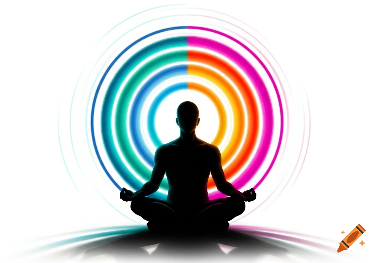 Silhouette of a person meditating, surrounded by vibrant, concentric multicolored circles on a white background.
