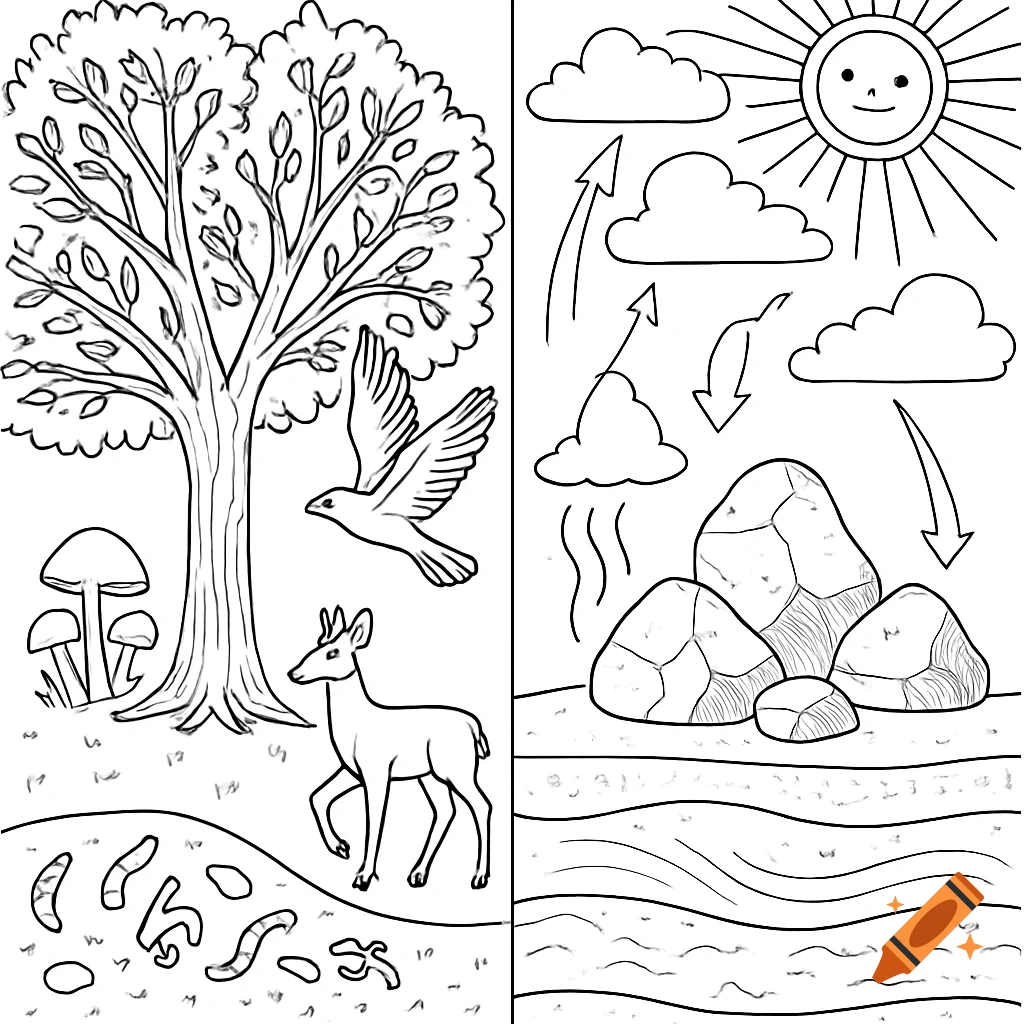 Black and white ecological coloring sheet with biotic (tree, deer, bird) and abiotic (sun, clouds, rocks) factors.