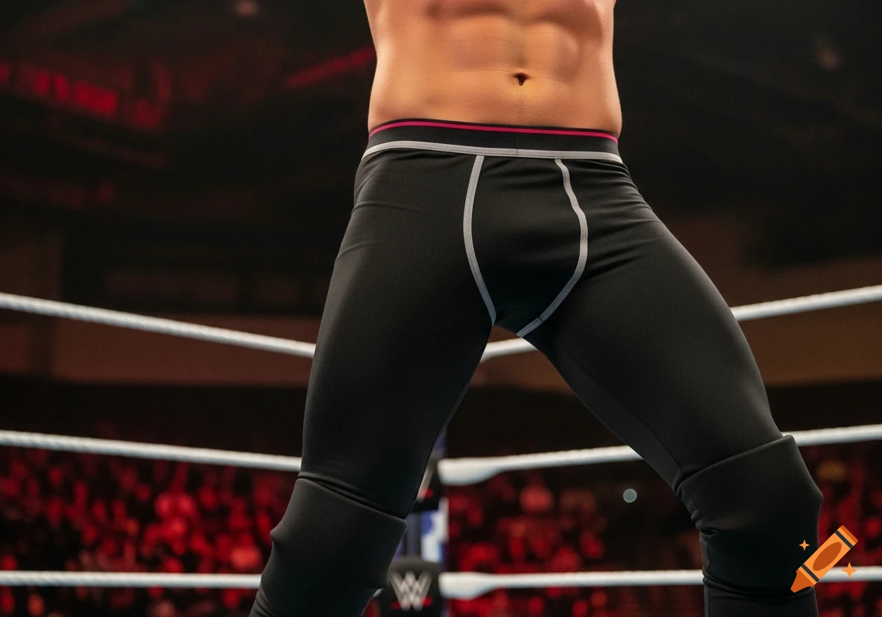 Photorealistic shot of a wrestler in black leggings with visible underwear, mid-motion in a wrestling ring.