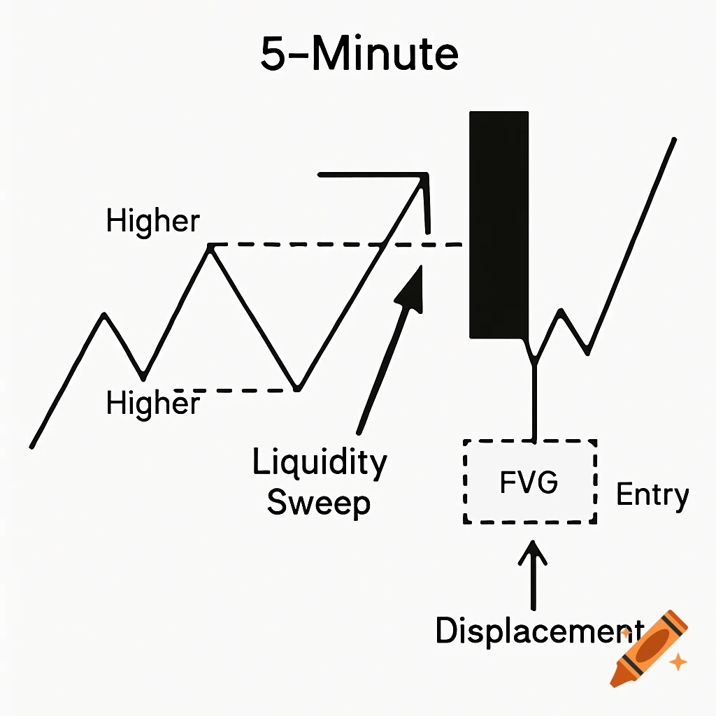 A schematic trading chart showing a 5-minute price movement with liquidity sweep, displacement, and FVG entry.