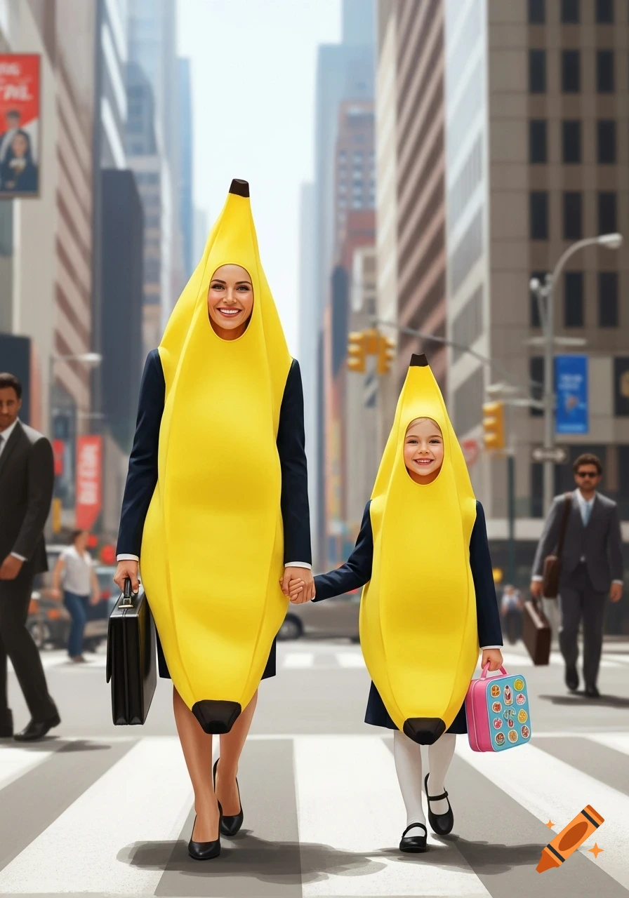 Photorealistic image of a smiling mother and daughter in yellow banana costumes, holding hands and walking on a city crosswalk.
