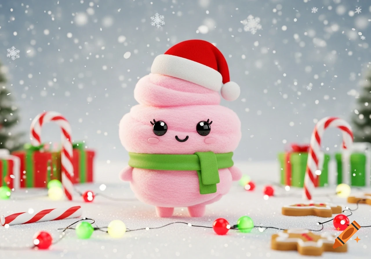 Cute pink creature with a Santa hat and green scarf in a snowy Christmas scene with candy canes, gifts, and gingerbread. 3D art.