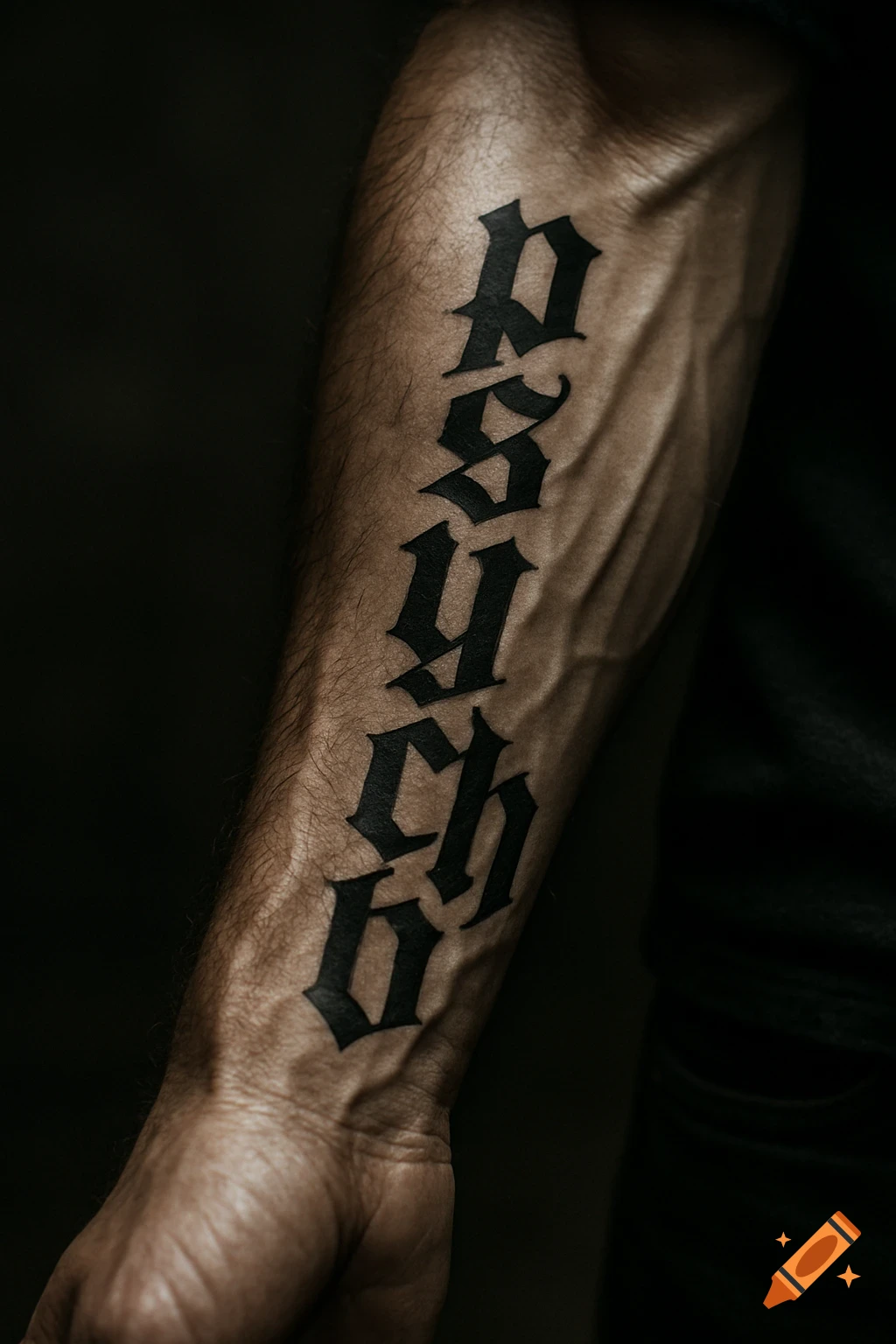Close-up of a muscular forearm with a black 'psycho' tattoo in Gothic script.