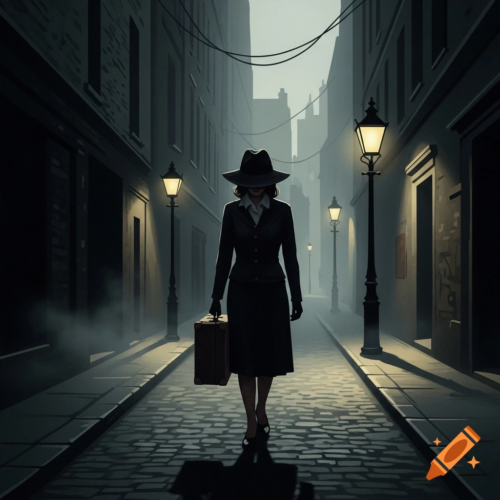 A woman in a hat and suit walks through a misty, dark cobblestone alley, carrying a suitcase in a film noir style.