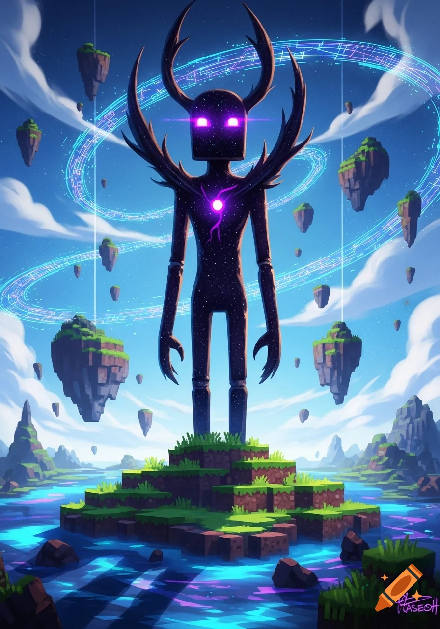A tall, dark, horned creature with glowing purple eyes stands on blocky terrain with floating islands and a vibrant river under a blue sky.