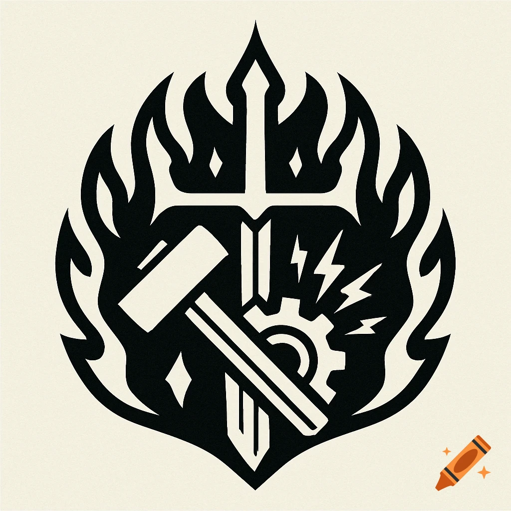 A black and white logo featuring a central trident-like sword, hammer, gear, sparks, and flames.