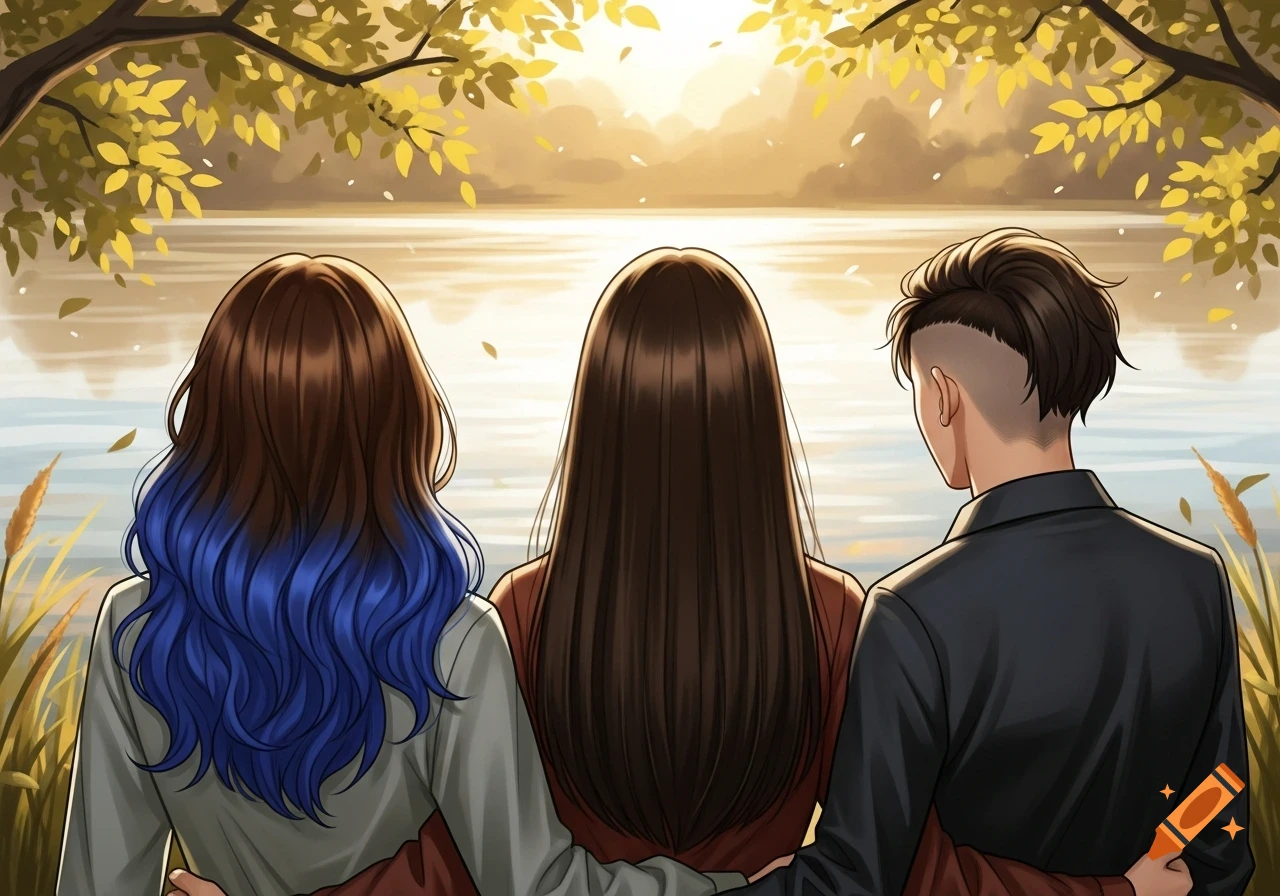 Three anime-style friends from behind, watching a serene sunset over a lake, framed by autumnal trees.