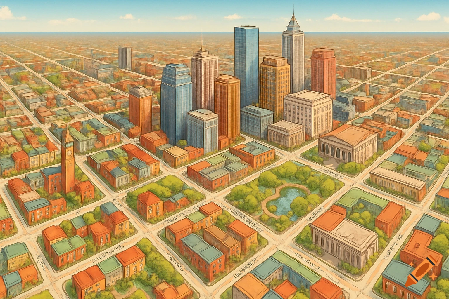 An isometric stylized illustration of a sprawling city grid with diverse buildings, a park, and a clock tower under a clear sky.