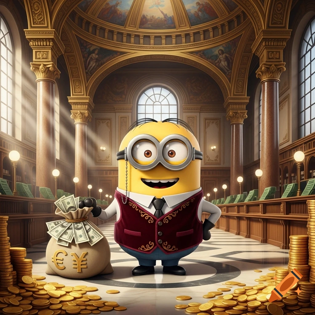 A well-dressed Minion with a monocle holds a money bag in an opulent hall, surrounded by piles of gold coins.