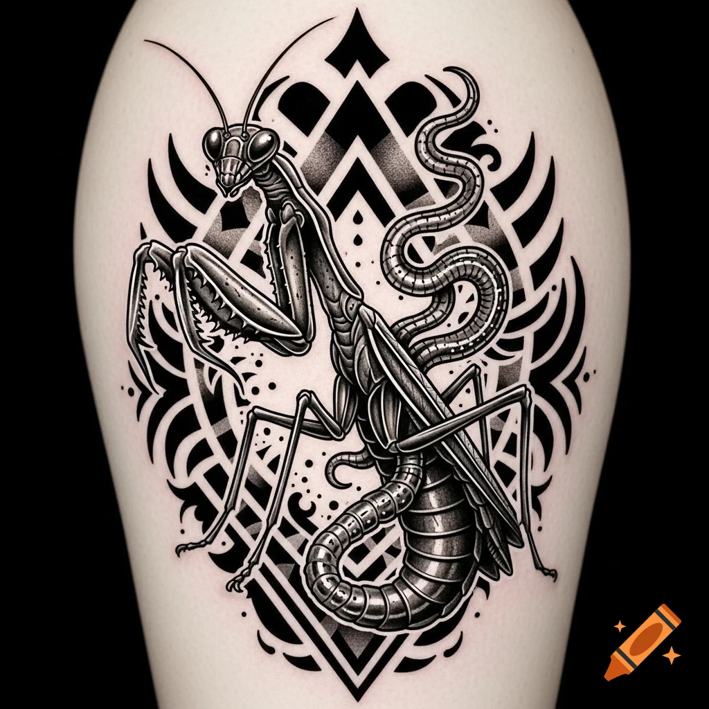 Detailed blackwork tattoo of a praying mantis with a parasitic hairworm emerging, set against an intricate geometric background.