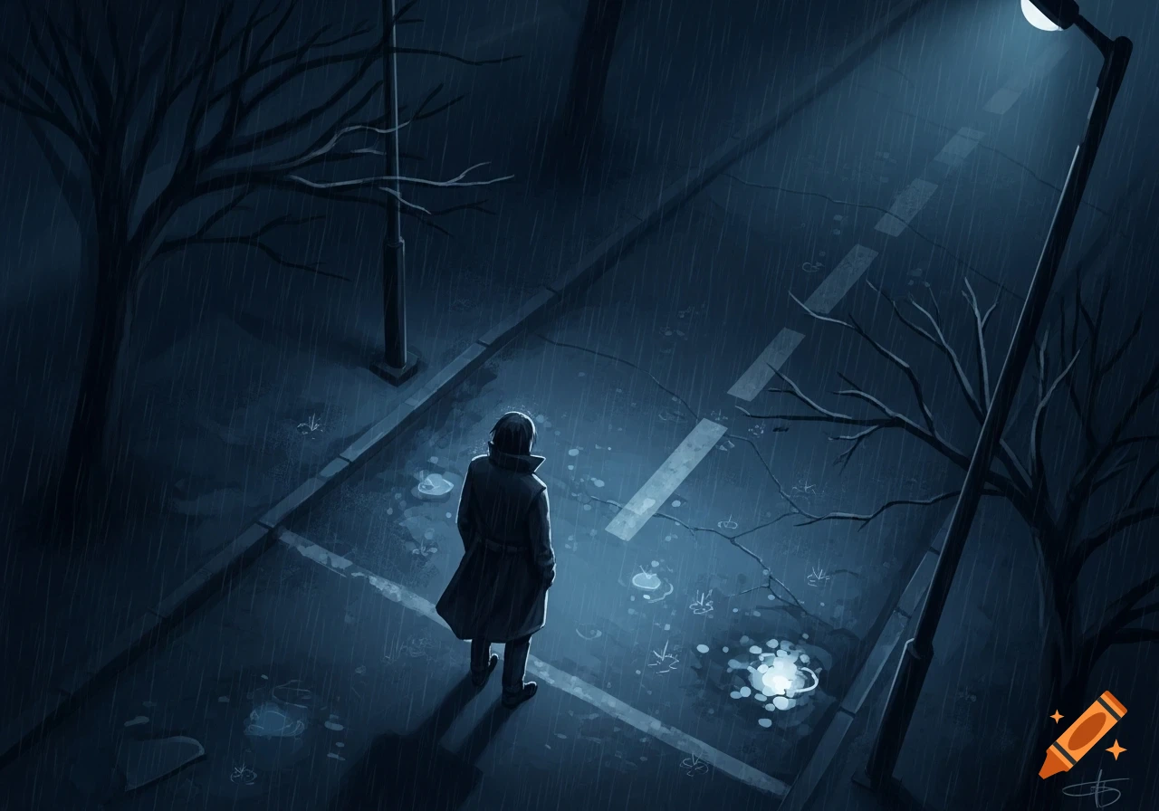 Stylized illustration of a lone figure in a trench coat standing on a wet, dark street at night, illuminated by a streetlamp in heavy rain.