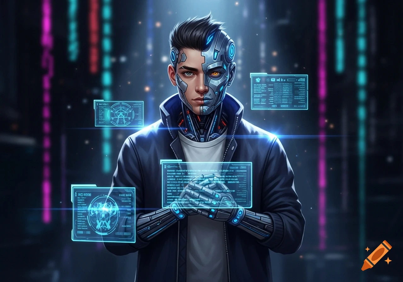 A male cyborg with a split face, half human and half robotic, surrounded by glowing blue holographic screens in a dark, futuristic setting.