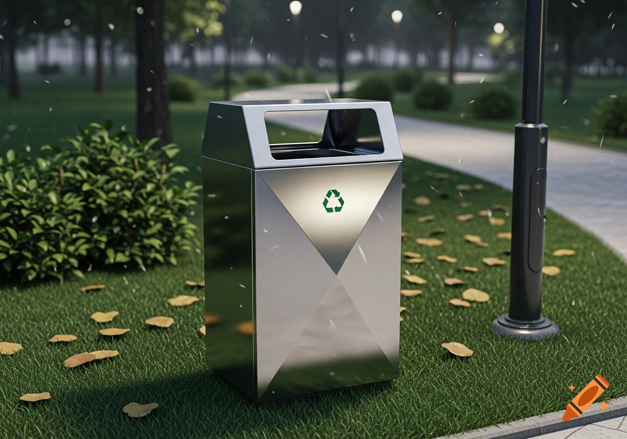 A sleek silver trash can with a green recycling symbol sits on green grass with fallen yellow leaves in a park.
