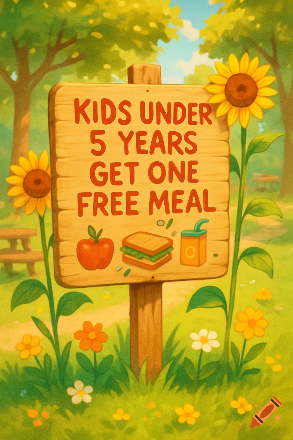 Cartoon illustration of a wooden sign in a park, reading 'Kids Under 5 Years Get One Free Meal' with food icons.