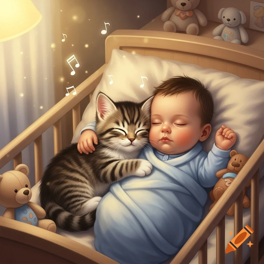 Cute baby and tabby kitten sleeping peacefully together in a crib, surrounded by floating musical notes and teddy bears.