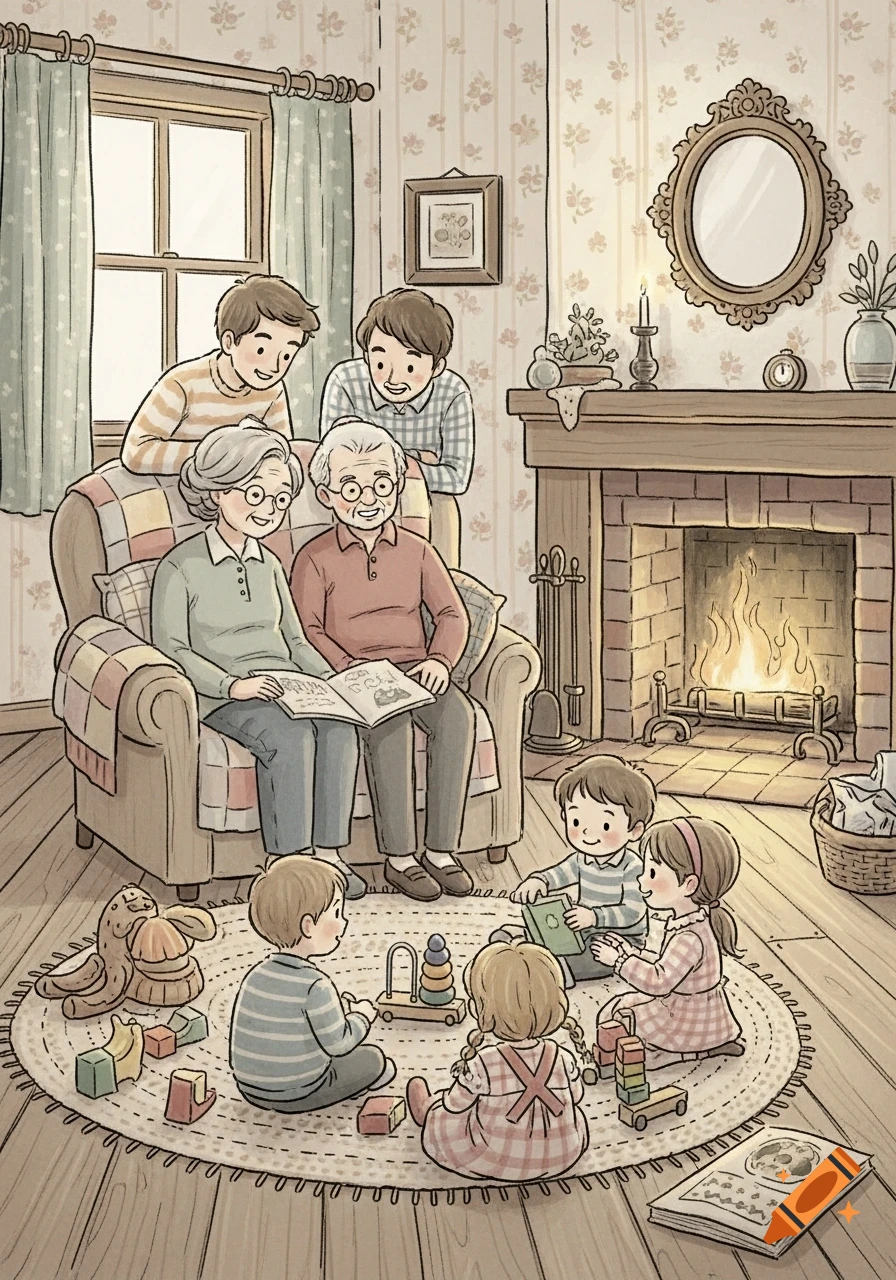 A cozy, hand-drawn illustration of a multi-generational family in a living room. Grandparents read while children play with toys near a fireplace.